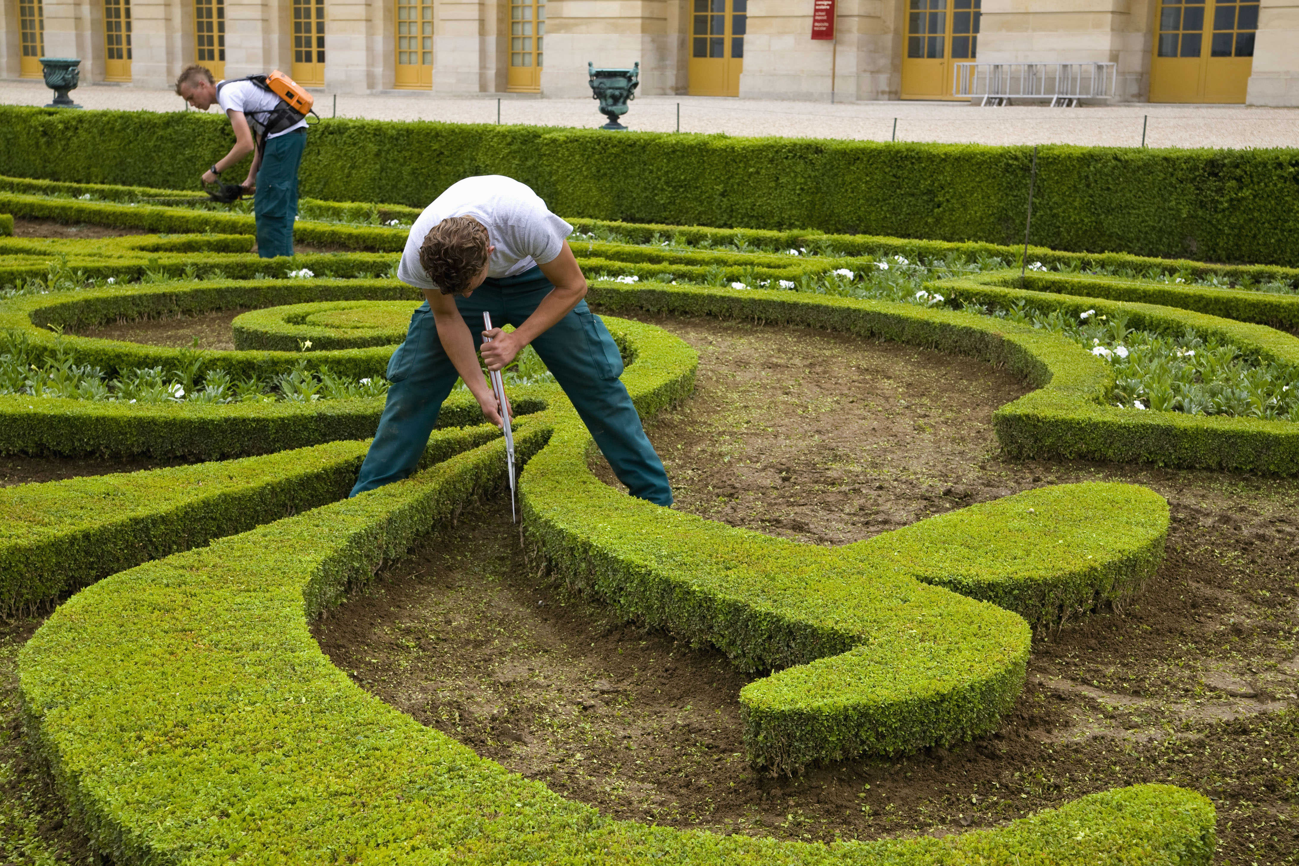 Les jardiniers de l'entreprise Roussel taillent les parterres